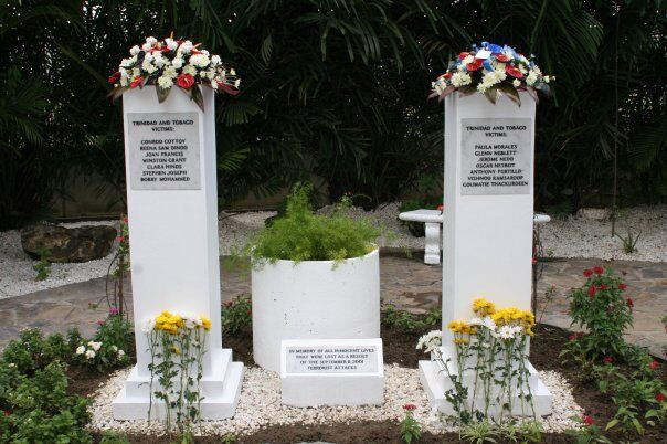 The twin memorials on the grounds of the US Embassy in Port of Spain.jpg